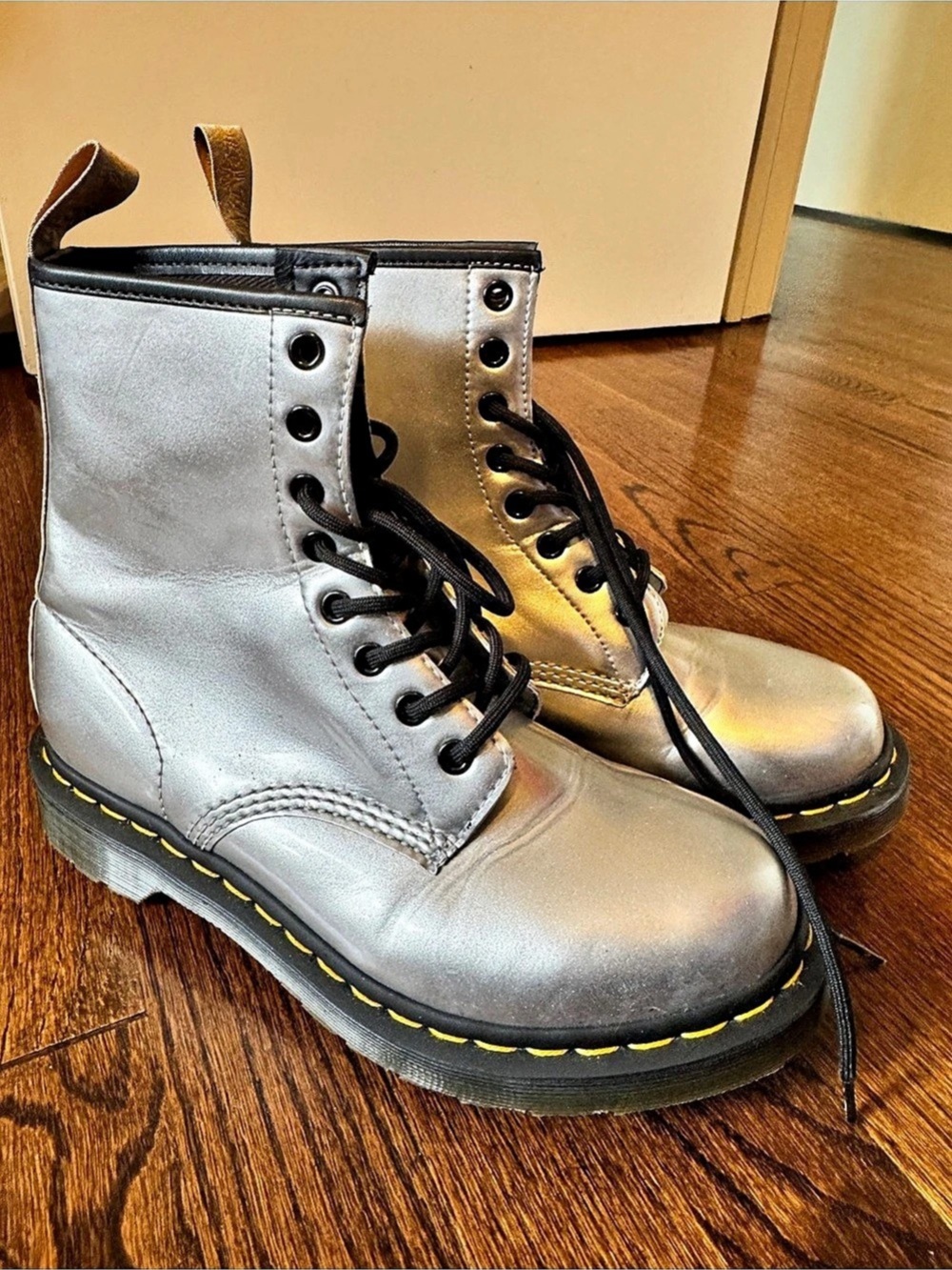 Rare & Discontinued- Dr. Martens Vegan 1460 Metallic Chrome boots in Silver
